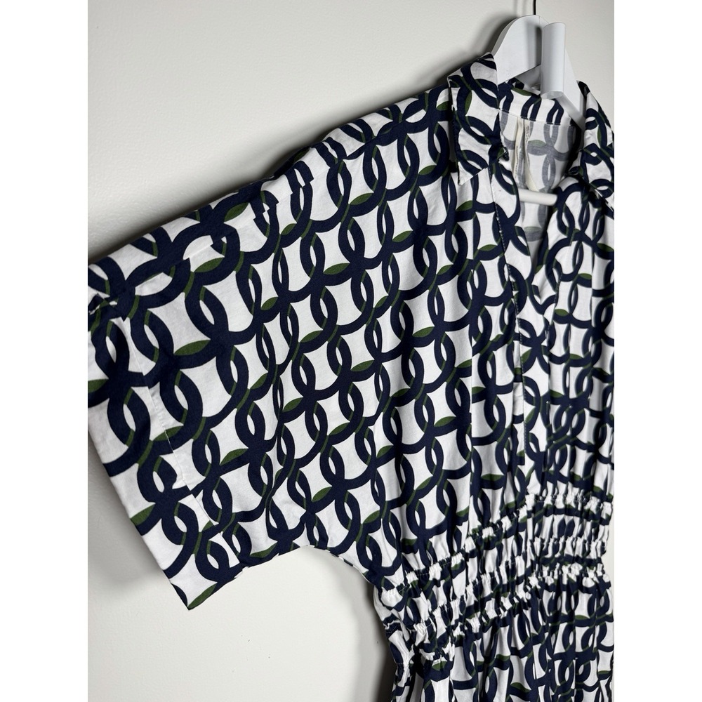 Anthropologie The Somerset Maxi Dress Shirt Navy & White Geometric Smock Waist S - Picture 5 of 13